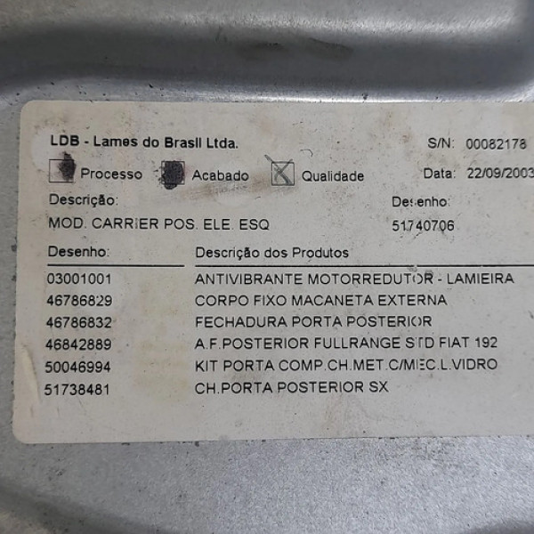 Maquina Vidro Porta Traseira Esquerda  Fiat Stilo 1.8 16v 20
